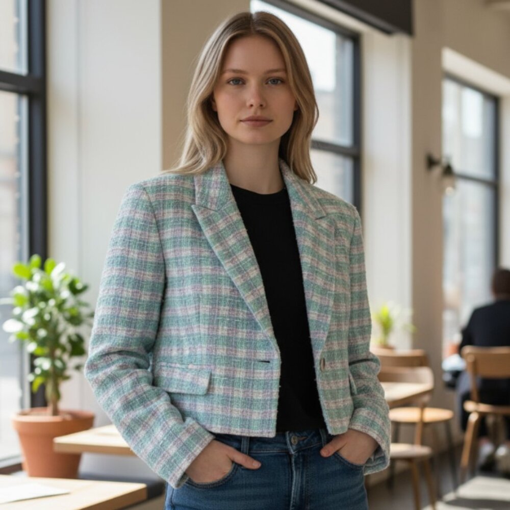 Zara Pastel Plaid Cropped Blazer in Mint & Pink